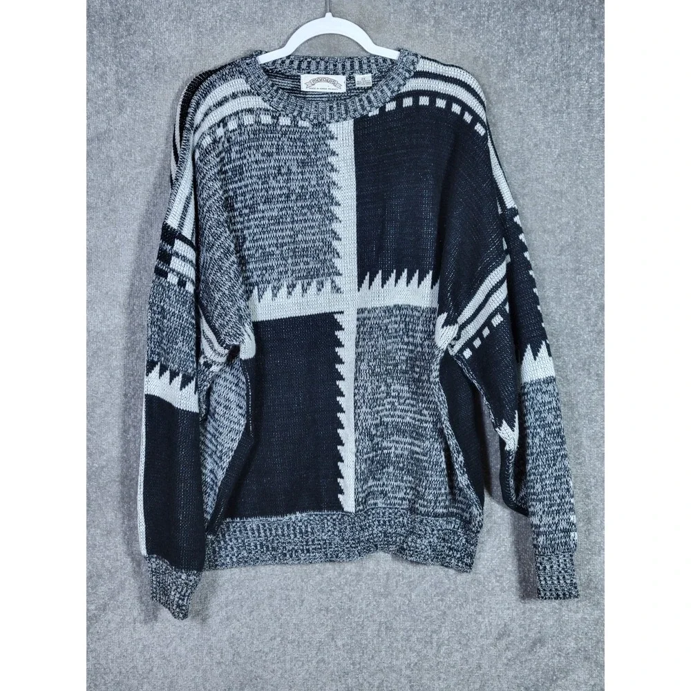 Vintage Marquis Sweater Mens Size 2X Black White Acrylic Drop Shoulder Crew Neck